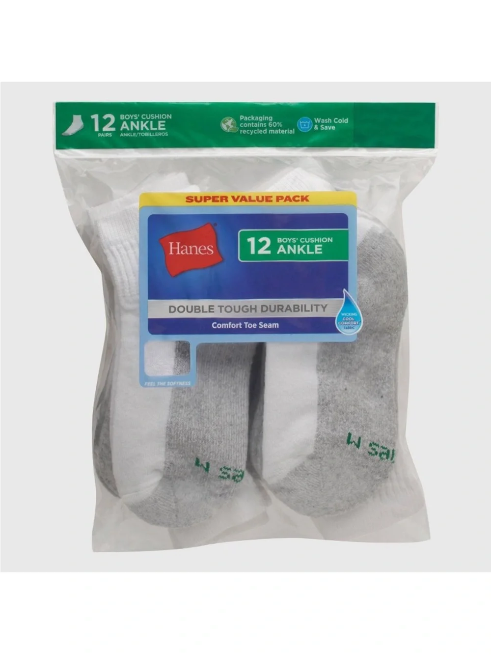 Hanes Boys' Cushion Ankle Socks - White & Gray 2 (12-Pack) total socks 22